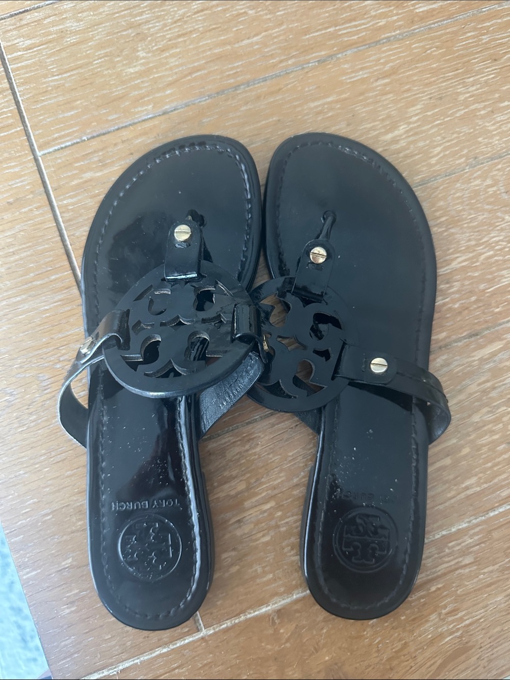 Tory Burch Black Patent Miller Logo Thong Sandals
